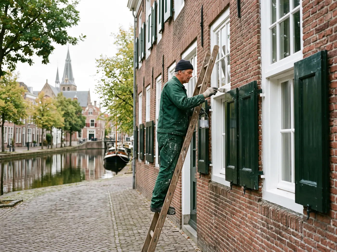 Schilder lakt de kozijnen van een monumentaal grachtenpand in Delft