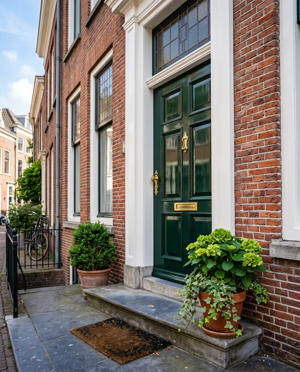 Glanzend donkergroene voordeur met wit kozijn in een bakstenen gevel
