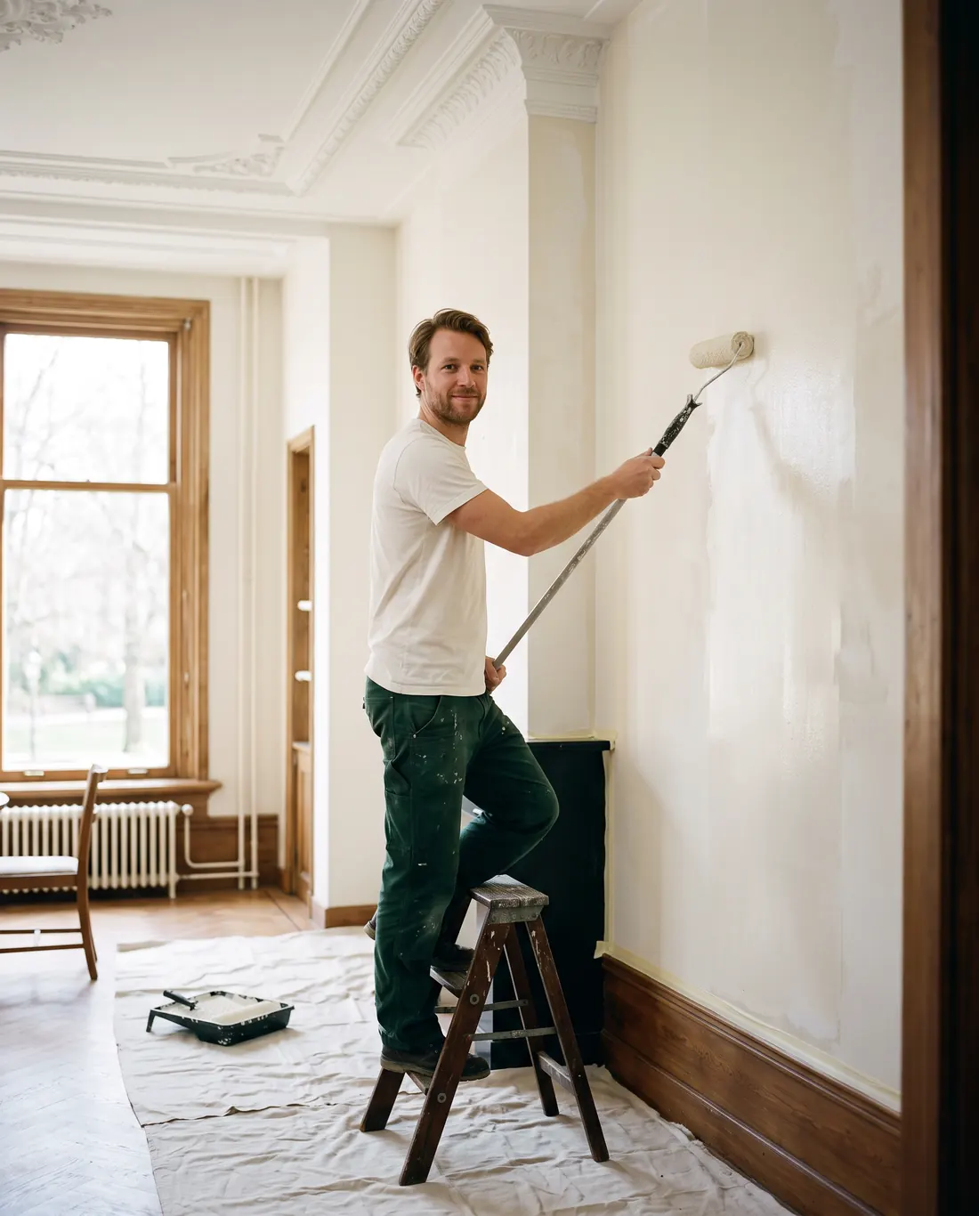 Schilder in groene werkbroek rolt een wand wit in een Haags herenhuis met ornamentplafond