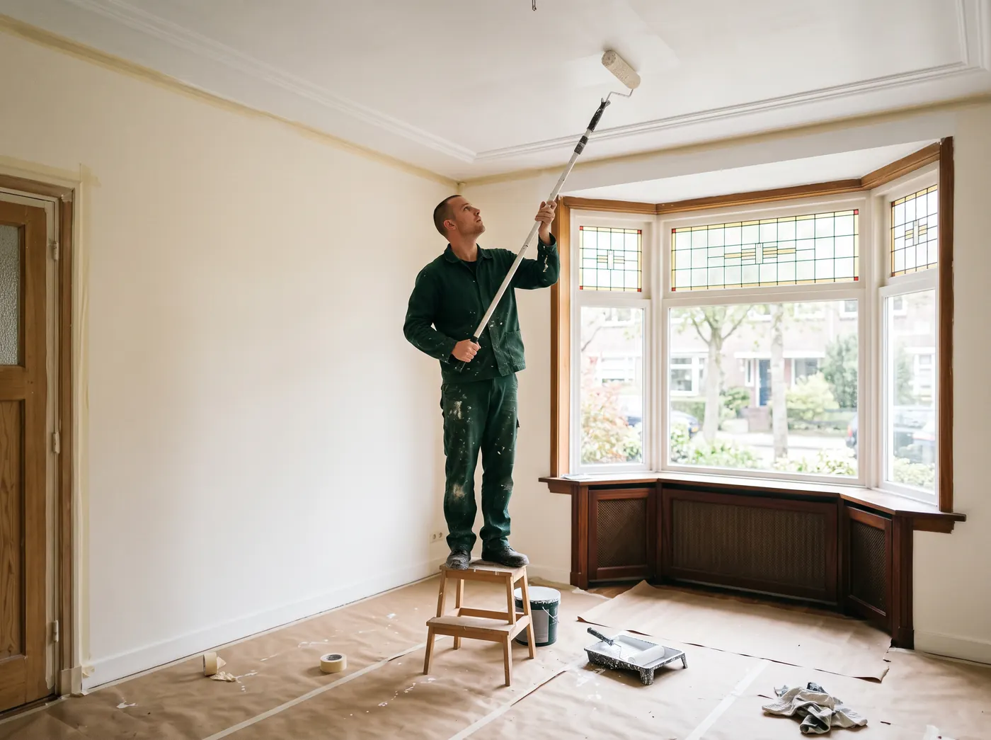 Schilder rolt een plafond wit, de vloer is afgedekt