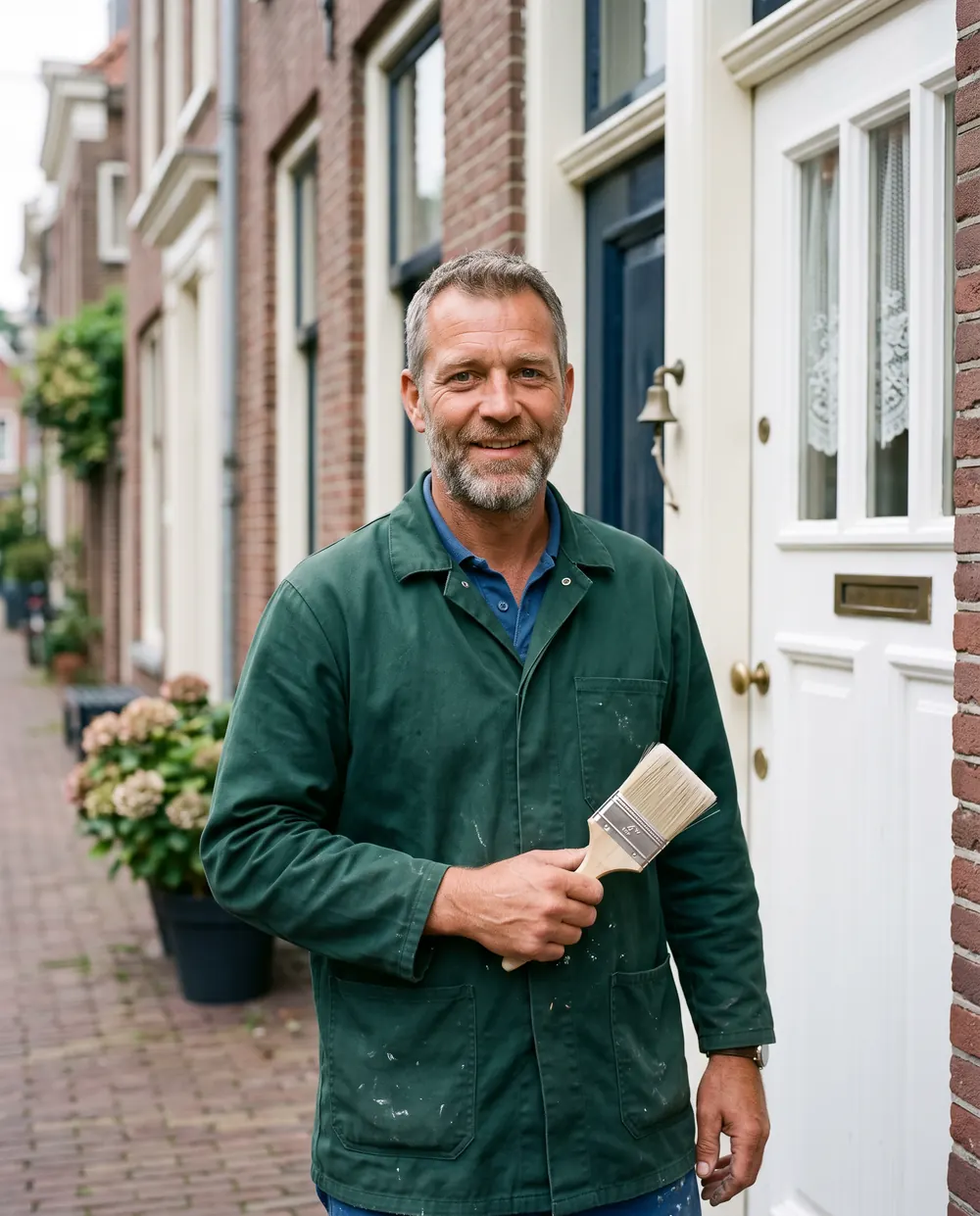 Lachende schilder met een brede kwast voor een vers geschilderde witte voordeur