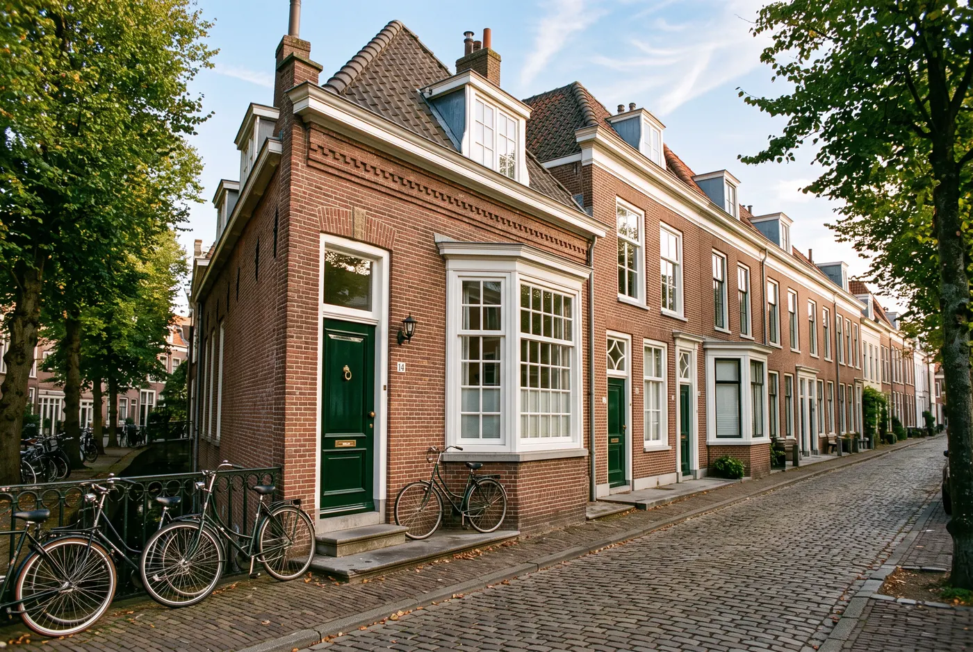 Rij Haagse bakstenen huizen met vers wit geschilderde kozijnen en een donkergroene voordeur